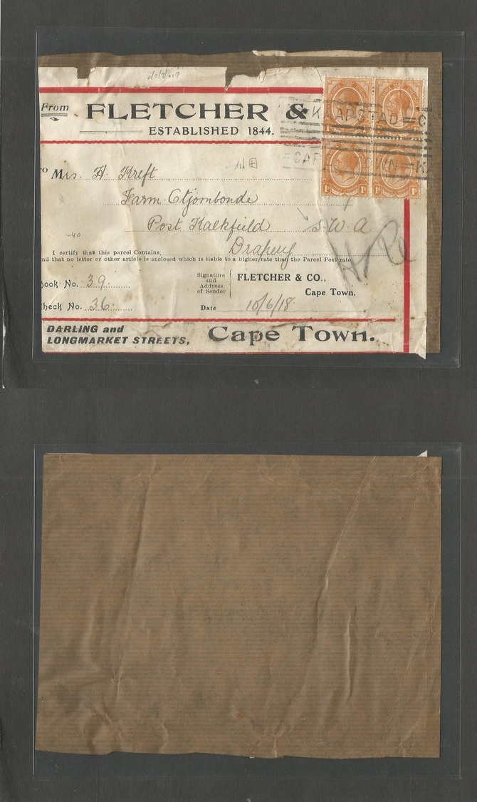 South Africa. 1918 (10 June) Kaapstad - South West Africa, Halkfield. Package Label Franked 1sh Orange Block Of Four, Ro - Autres & Non Classés