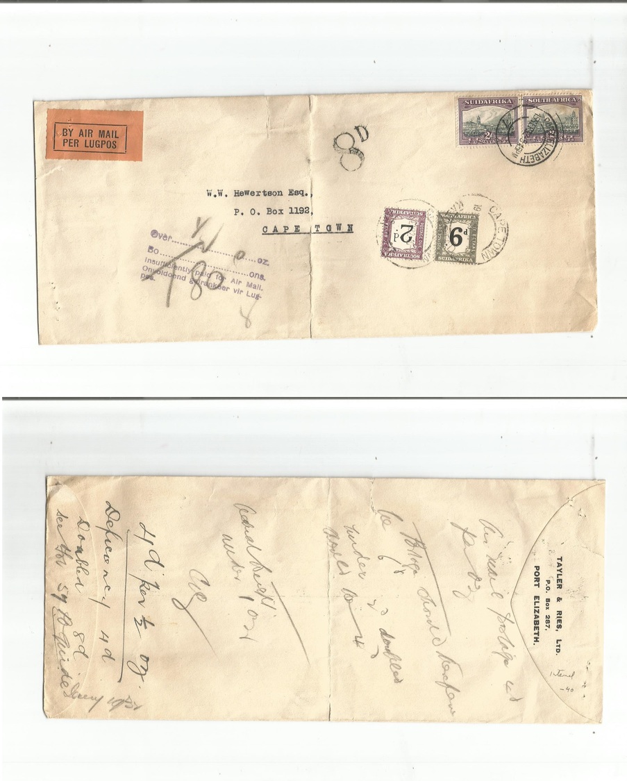 South Africa. 1932 (15 Sept) Port Elisabeth - Capetown. Fkd Legal Envelope Internal. Airmail Taxed "8d" + Postage Dues T - Autres & Non Classés