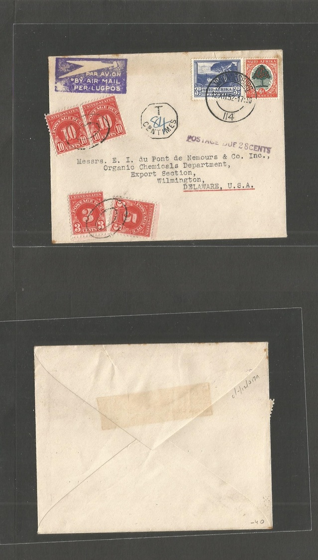 South Africa. 1952 (12 Dec) Joburg - USA, De, Wilmington. Air Fkd + Insuf + Taxed + US P. Dues (x4) Tied Oval Cachets. V - Autres & Non Classés