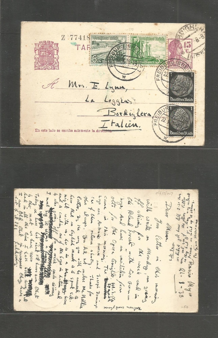 E-Enteros Postales. 1938 (22 Enero) Entero Postal Republicano De 15c Con Franqueo Adicional Aleman Escrita Por Un Ingles - Autres & Non Classés