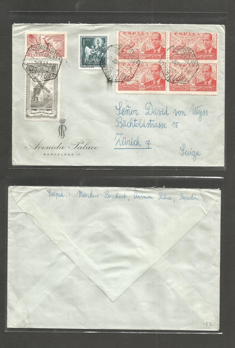 E-Estado Español. 1952 (20 Junio) Barcelona - Suiza, Zurich. Franqueo Mutiple Incl. Huerfanos Correos. Via Aerea + R. Ce - Sonstige & Ohne Zuordnung