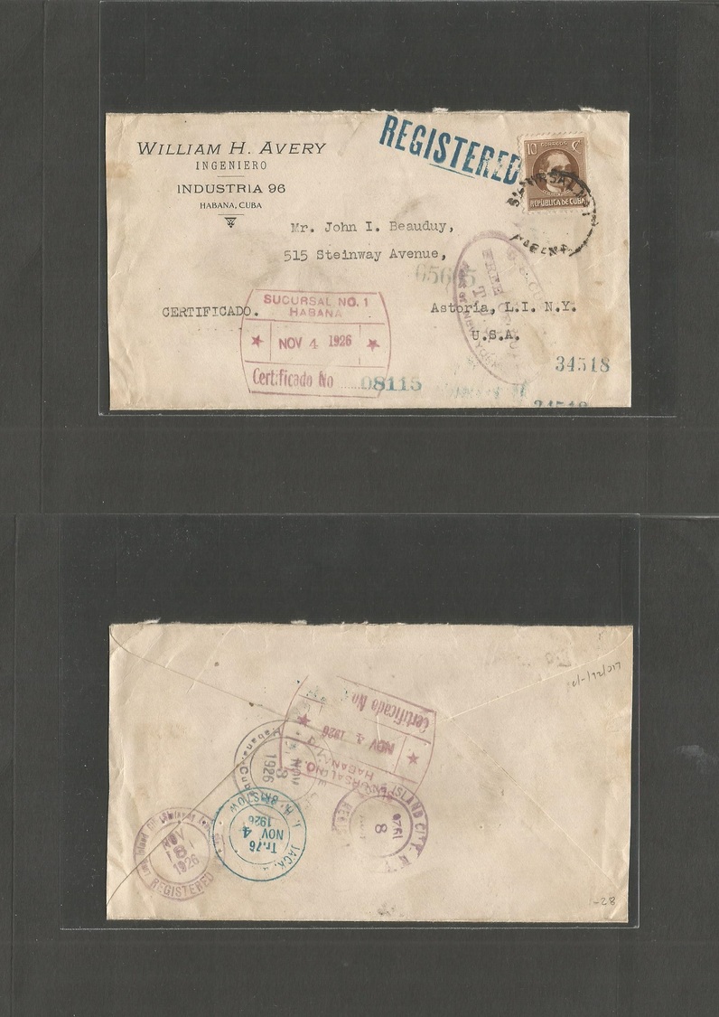 Cuba. 1926 (4 Nov) Habana Snc 1 - USA, Aston, NY (8 Nov). Bonito Sobe Certificado. Diversos Transitos Reverso Y Frente. - Autres & Non Classés