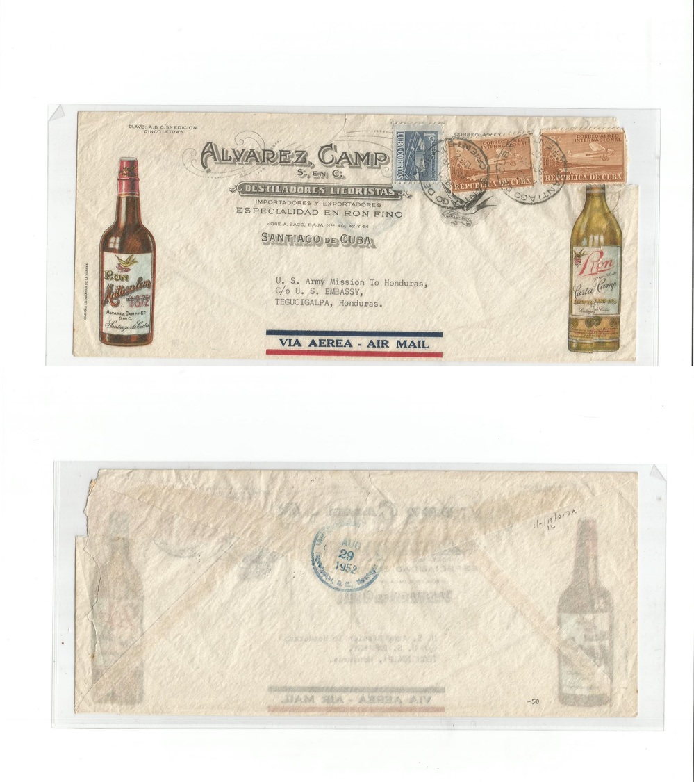 Cuba. 1952 (26 Ago) Santiago - Honduras, Tegucigalpa (29 Aug) Rum Licor Illustrated Alvarez Camp Destiladores Multifkd A - Autres & Non Classés