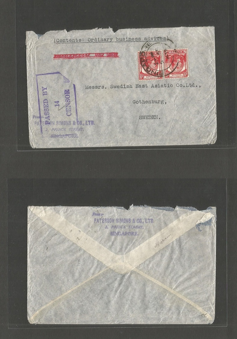 Straits Settlements Singapore. 1939 (5 Sept) Singapore - Sweden, Gotheburg. Fkd Censored Envelope. Fine. - Singapour (1959-...)