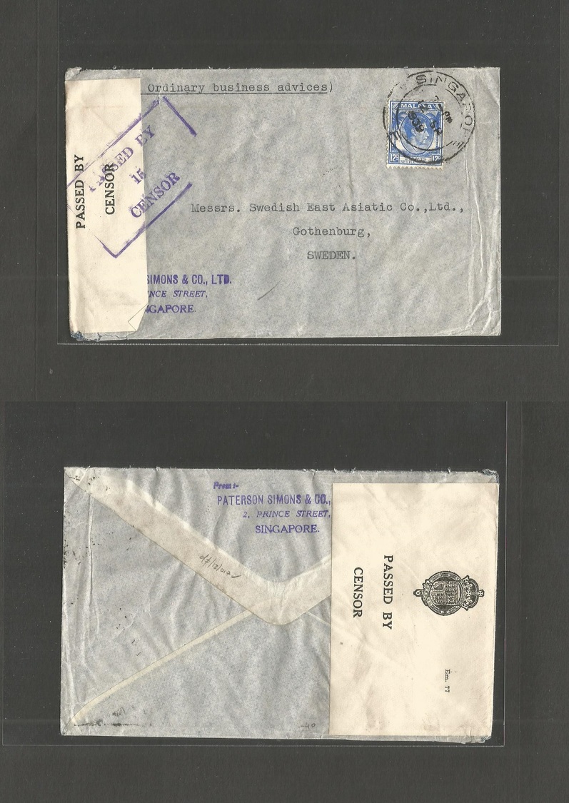 Straits Settlements Singapore. 1939 (12 Sept) Sing - Sweden, Gotheburg. Single Fkd Env + WWII Censored + Label. - Singapour (1959-...)