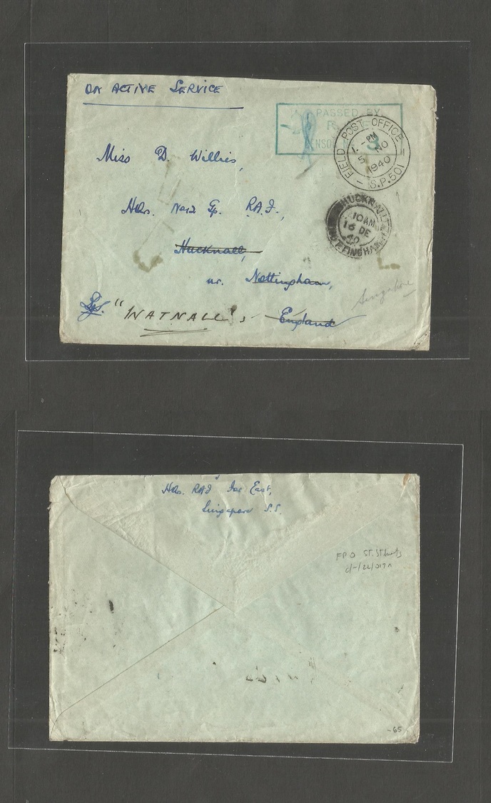 Straits Settlements Singapore. 1940 (5 Nov) FPO. 501 Singapore OAS Env To UK, Nuckwall, Nottingham. Fine. - Singapour (1959-...)