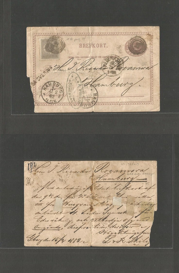 Sweden. 1882 (15 Feb) Gotteburg - Germany, Hamburg (17 Feb) 6 Ore Red Stat Card (machine Damage At PO + 4 Ore Green Adtl - Sonstige & Ohne Zuordnung