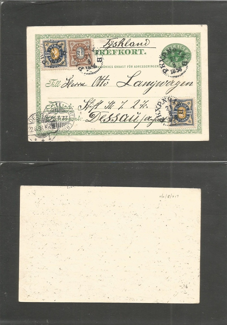 Sweden. 1898 (21 Aug) Trelleborg, TPO - Germany, Dessau (22 Aug) Fem Ore Green Stat Card + 3 Adtls On Multicolored Railw - Autres & Non Classés