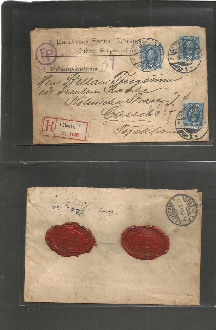 Sweden. 1903 (5 Oct) Goteborg - Germany, Cassel (7 Oct) Registered Multifkd Ore Rate Envelope + R- Label + FP + 2 Red Wa - Autres & Non Classés