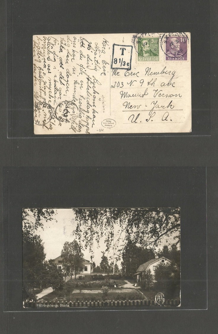 Sweden. 1920 (22 May) Saffle - USA, NY. Manut, Vernon. Fkd Ppc + "T 8 1/3c" Tax Cachet + Due 2cts. Fine. - Autres & Non Classés