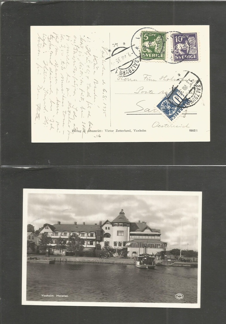 Sweden. 1935 (6 Aug) Vaxkohn - Salzburg, Austria (13 Aug) Multifkd Card + Poste Restante + Arrival Tied P. Due. Nice Com - Autres & Non Classés