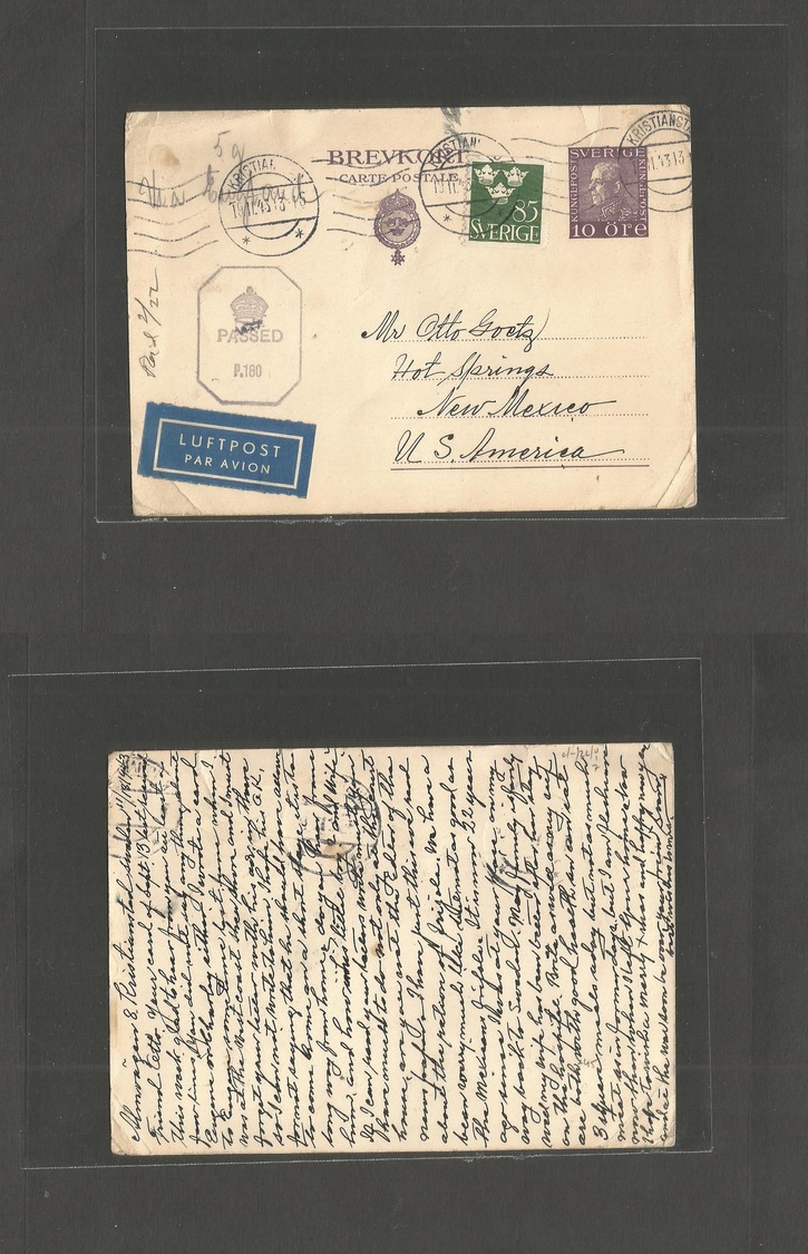 Sweden. 1943 (19 Nov) Kristianstad - USA, New Mexico, Hot Springs. 10 Ore Lilac Stat Card + Adtl + British Censor. - Autres & Non Classés