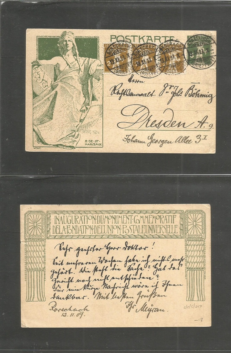 Switzerland - XX. 1909 (12 Nov) Rorschach - Dresden, Germany Illusstrated 5c Green Stat Card + 3 Adtls. VF. - Autres & Non Classés
