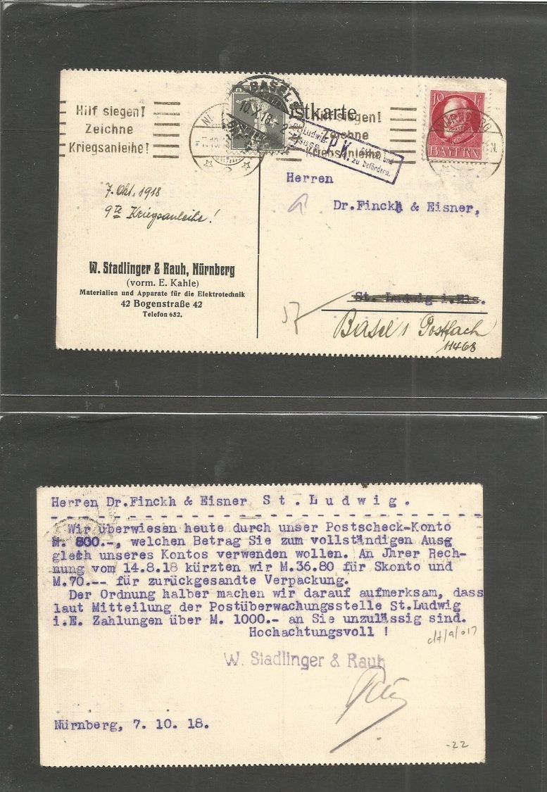 Switzerland - Xx. 1918 (7 Oct) Germany, Bayern, Nuremberg - Basel (10 Oct) Private Fkd Card + Fwded With New Swiss Frank - Autres & Non Classés