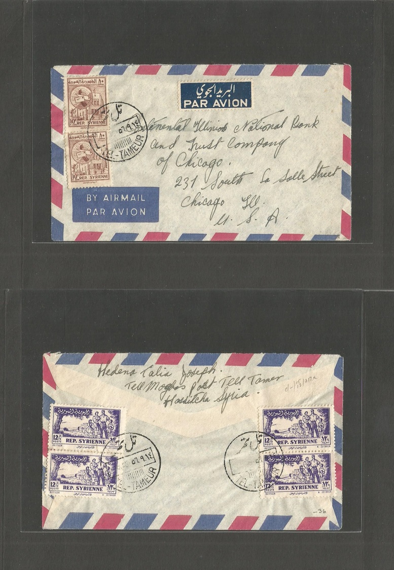 Syria. 1946 (Sept) Tel Tameur - USA, Chicago, Ill. Multifkd Airmail Front + Reverse Envelope. Nice Village Transatlantic - Syrie