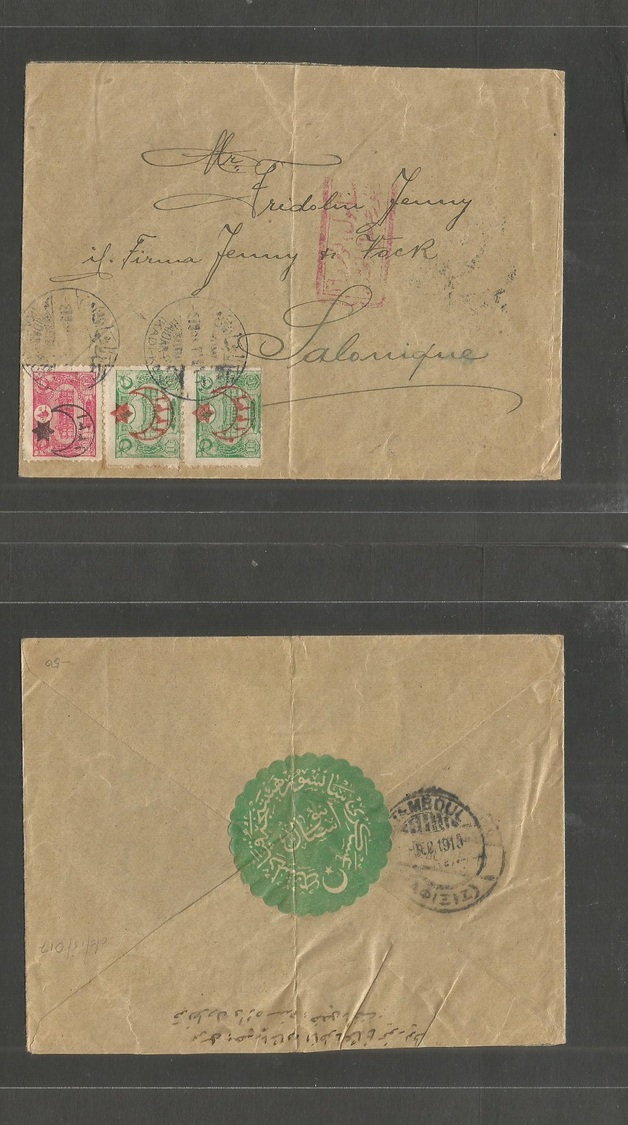 Turkey. 1913 (Dic) Kadi - Klo - Salonique Via Instambul - Athens WWI Censored Multifkd Ovptd Issue Envelope. Fine Cachet - Autres & Non Classés
