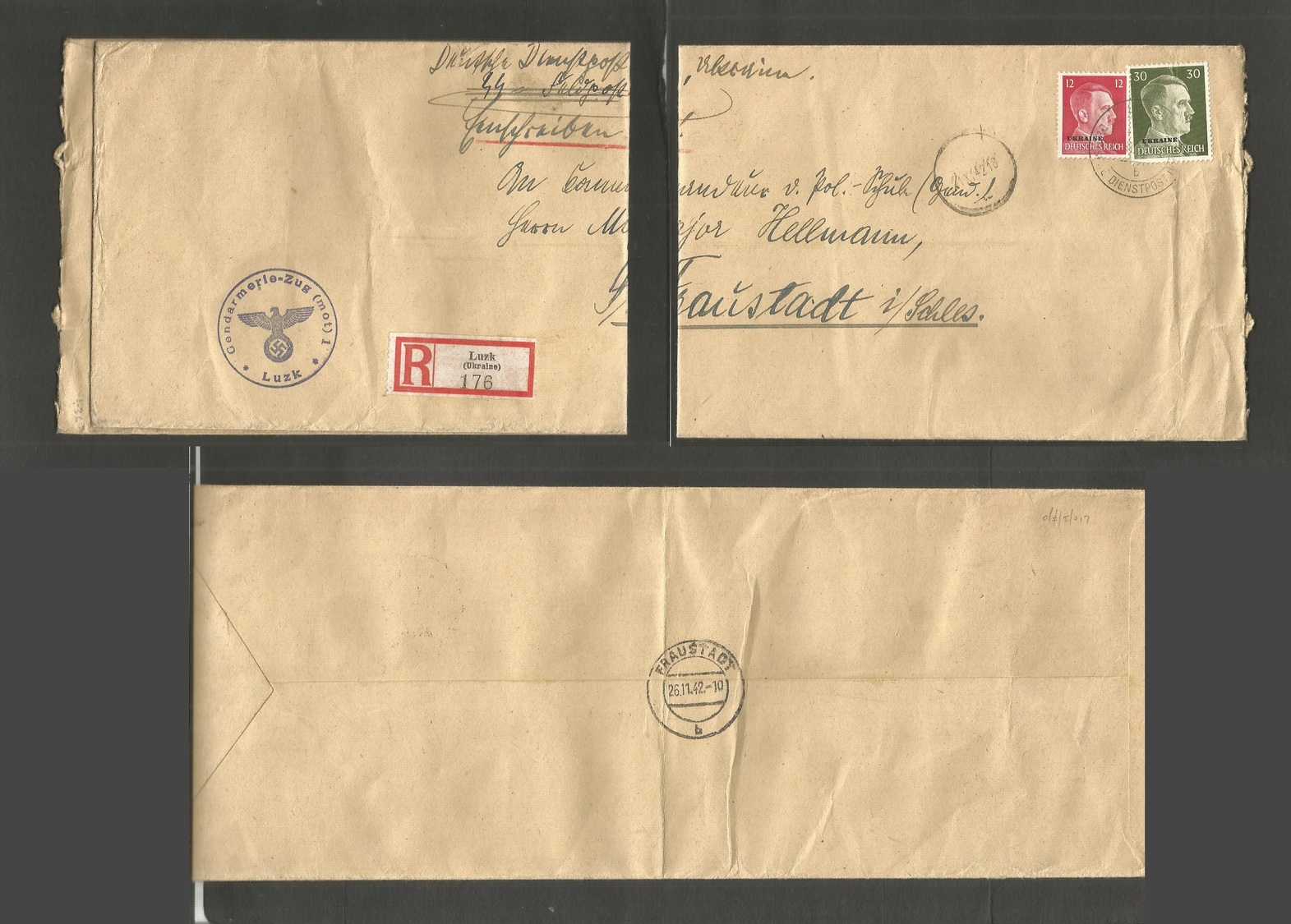 Ukraine. 1942 (21 Nov) Luzk. Fraistadt, Schlessia (26 Nov) Nazi Postal Admin. Registered Official Multiple Overprinted I - Ukraine