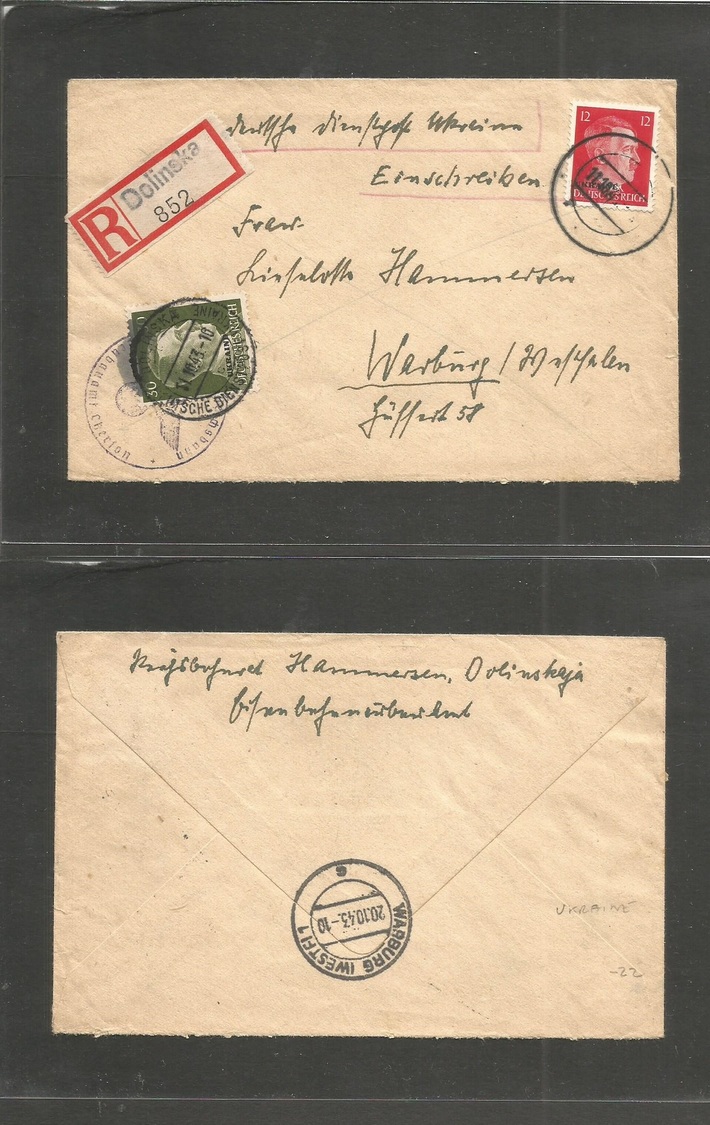 Ukraine. 1943 (11 Oct) Dolinska - Warburg, Westfalen, Germany (20 Oct) Registered Ovptd Issue Envelope. - Ukraine