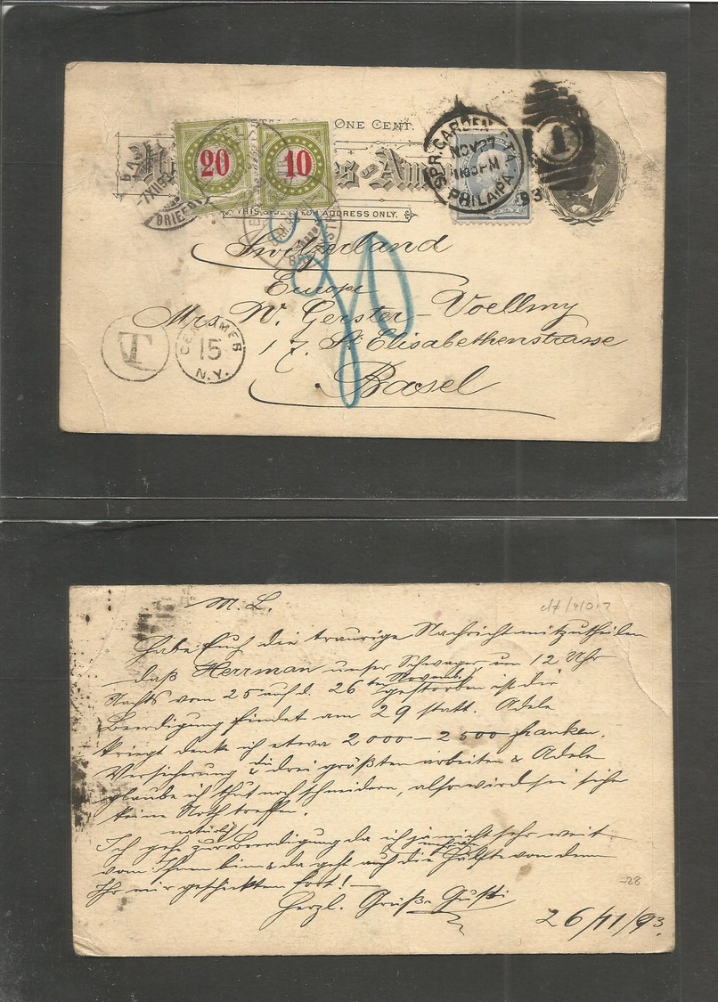 USA - Stationery. 1893 (Nov 27) Spring Garden Sta, Phe - Switzerland, Basel (7 Dec) 1c Stat Card + Adtl + Taxed + (x2) S - Autres & Non Classés