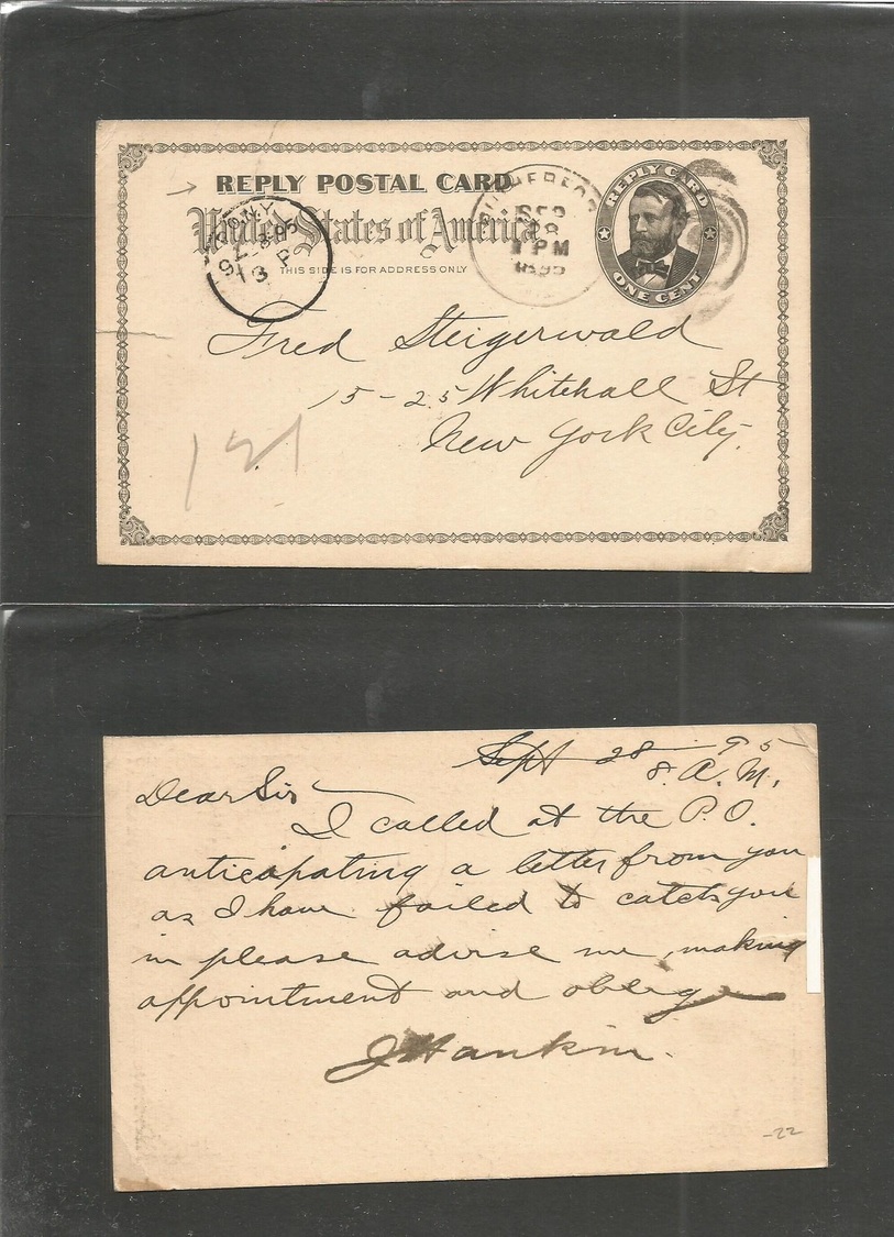 Usa - Stationery. 1895 (28 Sept) Reply Half Card Used Back To NYC. 1C Fine Used. - Autres & Non Classés