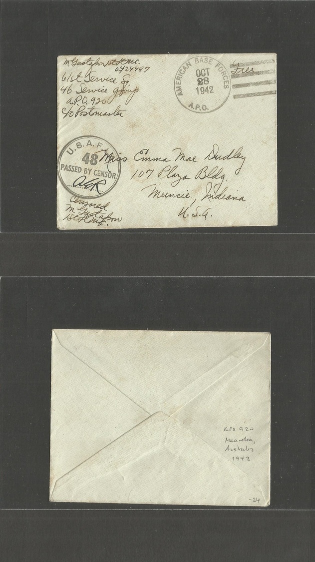 Usa - Xx. 1942 (28 Oct) AUSTRALIA. Apo 920 (Marelia, Australia) WWII Millitary Envelope Addressed To Muncie, Indiana, US - Autres & Non Classés