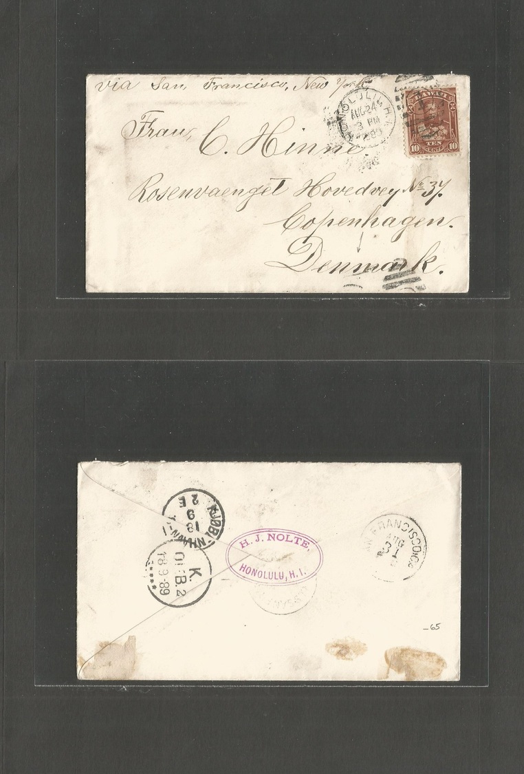 Usa - Hawaii. 1889 (24 Aug) Honolulu - Denmark. Copenhagen (18 Sept) Fkd Env 10c Brown. Scarce Dest. - Autres & Non Classés