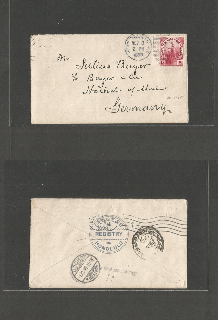 Usa - Hawaii. 1898 (Nov 8) Honolulu - Germany, Hochst (1 Dec) Registry Diocese. Reverse Cachet. Ex - Rooselvert Presiden - Autres & Non Classés