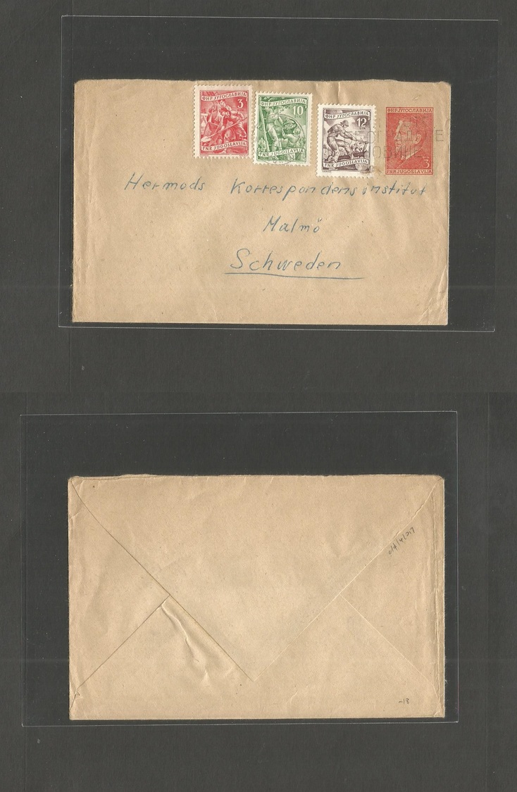 Yugoslavia. 1952 (4 Oct) Belgrade - Sweden, Malmo. 3 Din Red Stat Env + 3 Adtls, Rolling Cancel. - Andere & Zonder Classificatie