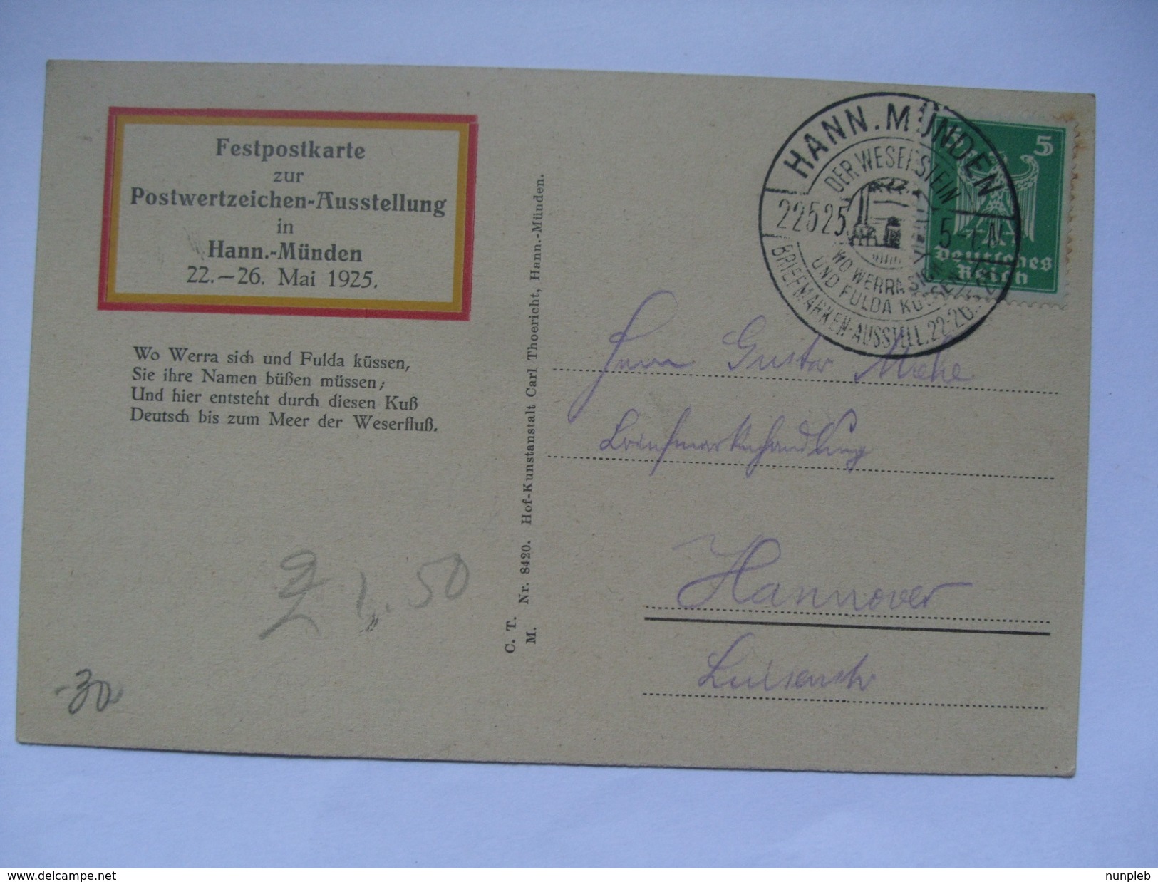 GERMANY - 1925 Postkarte - Mit Sonderstempel - Hann-Munden - Briefmarken Ausstellung - Covers & Documents