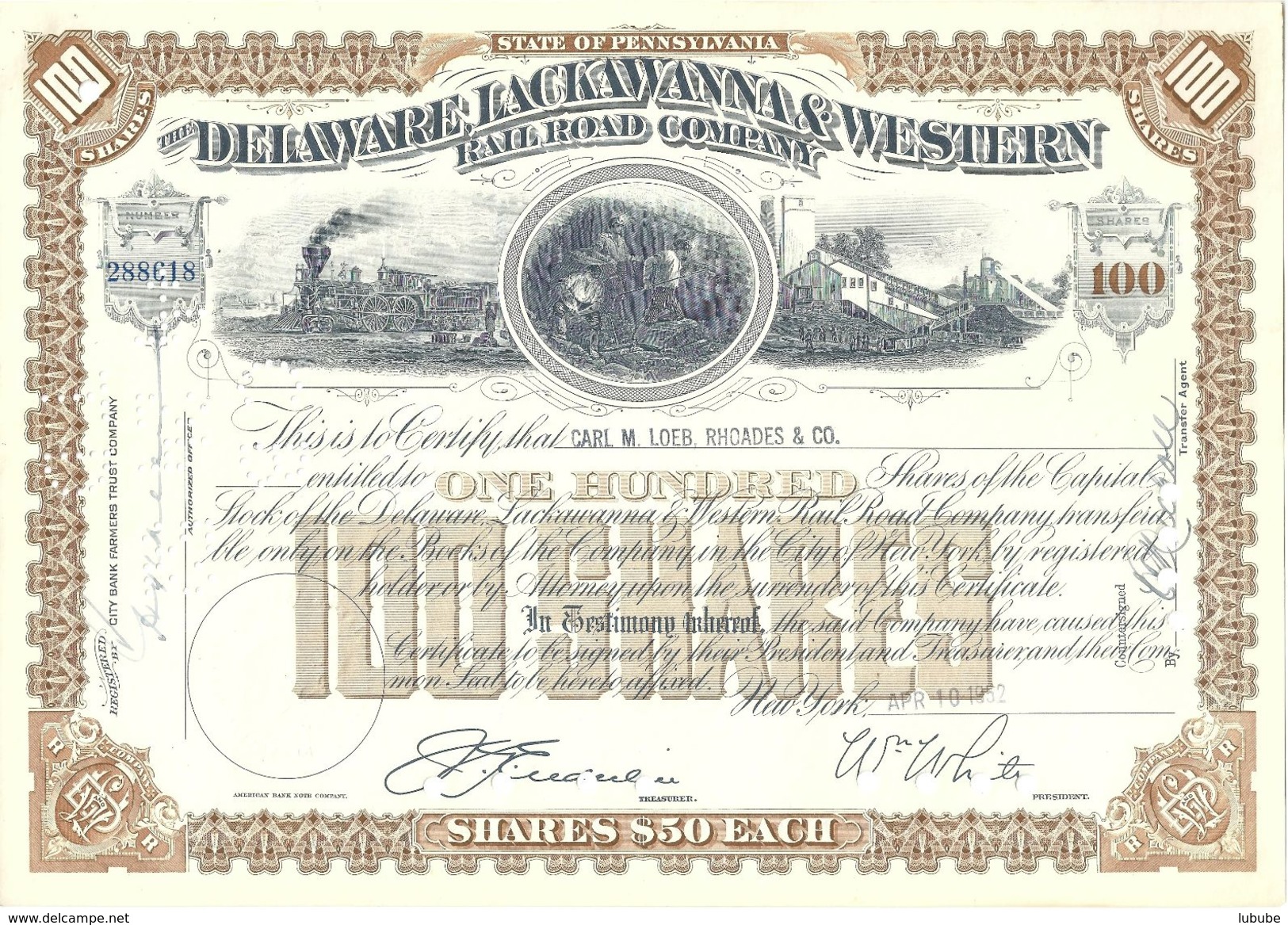 Shares  "US - The Delaware, Lackawanna & Western Railroad Company"         1952 - Documentos Históricos