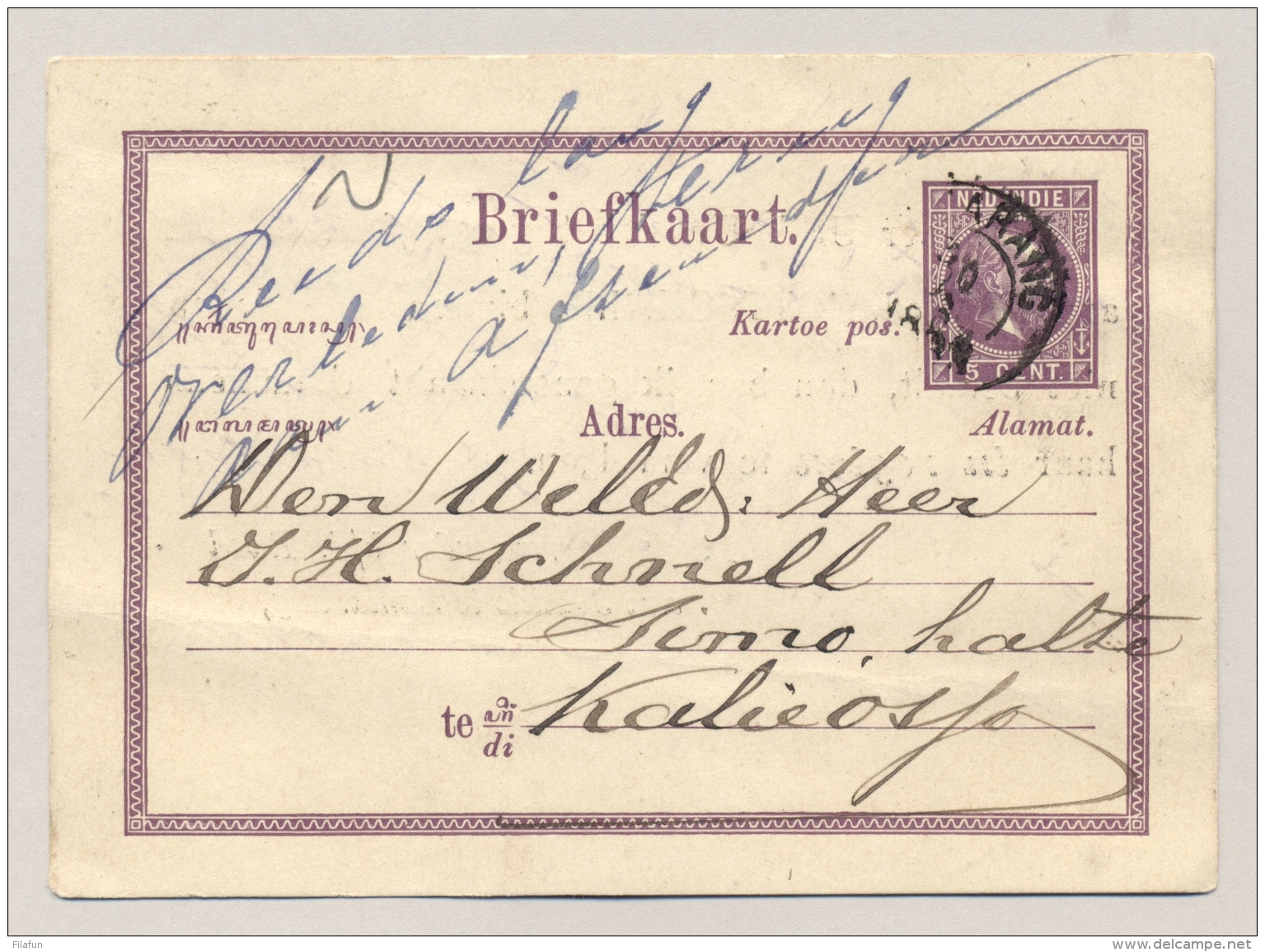 Nederlands Indië - 1883 - 5 Cent Briefkaart Met Particuliere Opdruk Van Deurwaarder Van Samarang Naar Halte Kaliosso - Nederlands-Indië