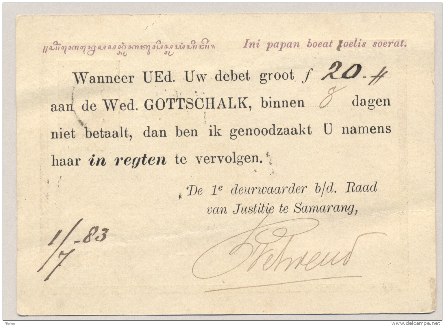 Nederlands Indië - 1883 - 5 Cent Briefkaart Met Particuliere Opdruk Van Deurwaarder Van Samarang Naar Halte Kaliosso - Nederlands-Indië