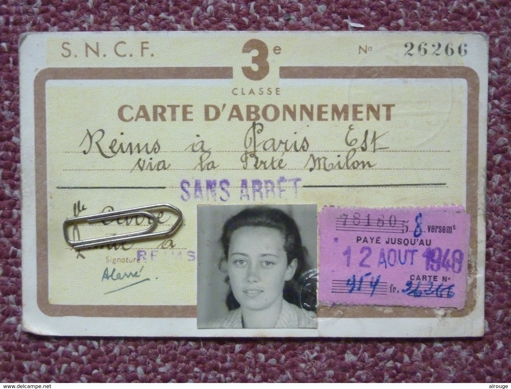 Carte D'abonnement SNCF Reims-Paris 1948 - Europe