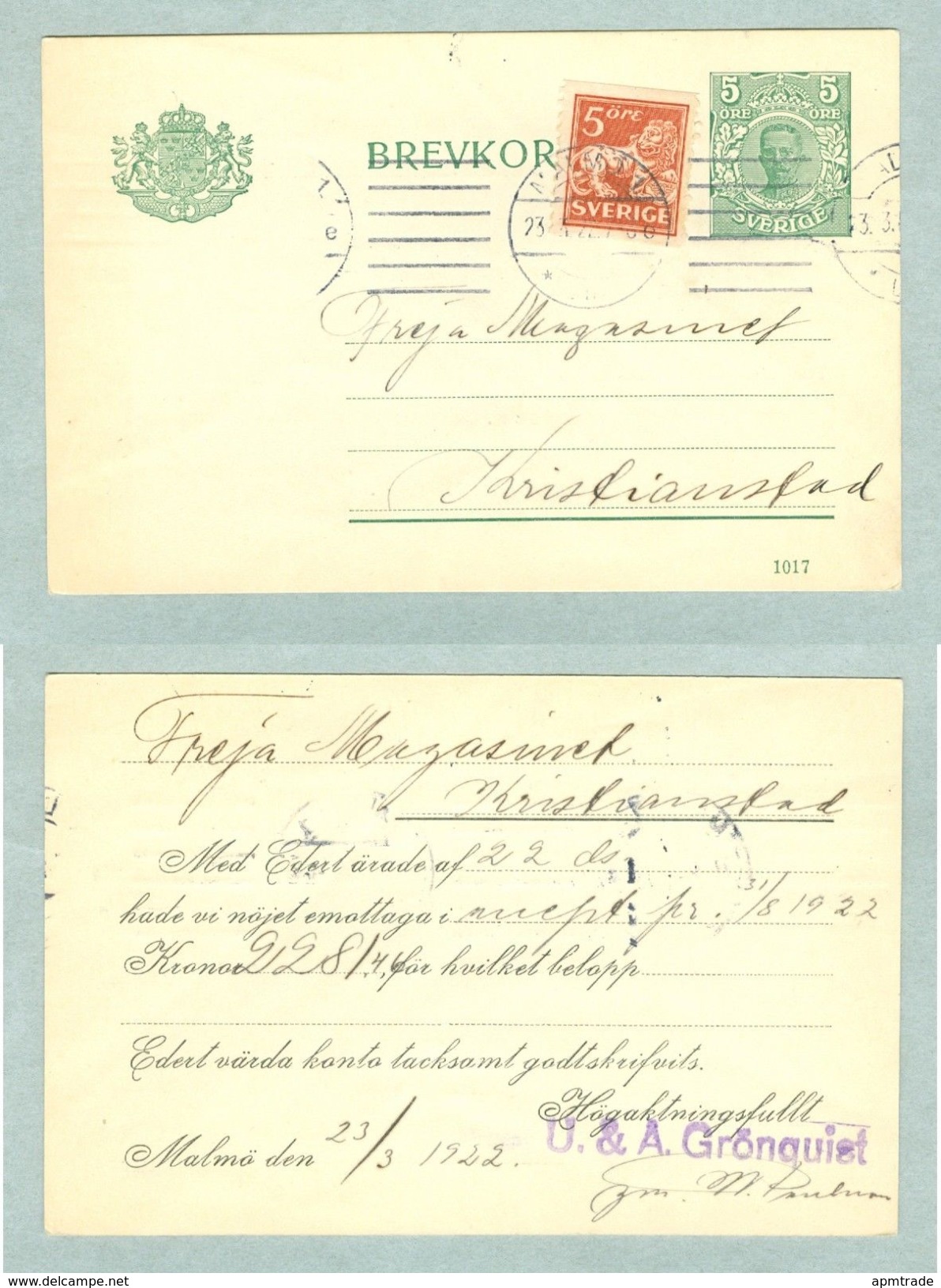 Sweden. Stationery Commercial Card. 1923. 5 Ore King + 5 Ore Lion Uprated - Postal Stationery