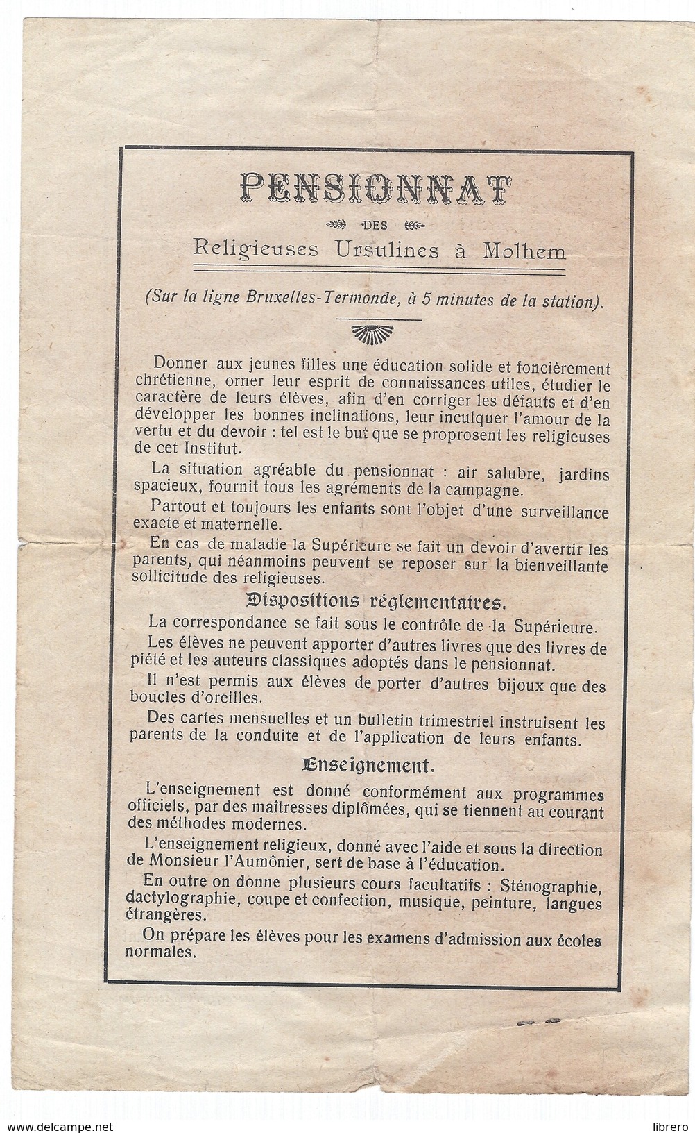 Asse / Mollem / Molhem / Pensionnat Des Religieuses Ursulines à Molhem. - Documents Historiques