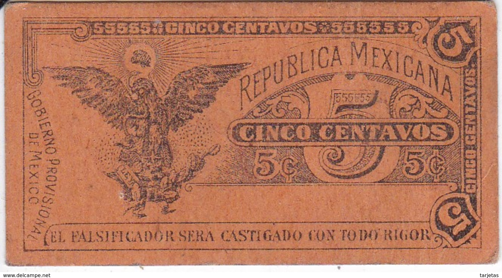 BILLETE DE MEXICO DE 5 CENTAVOS DEL AÑO 1914 TRANSITORIO (BANKNOTE) - Mexiko