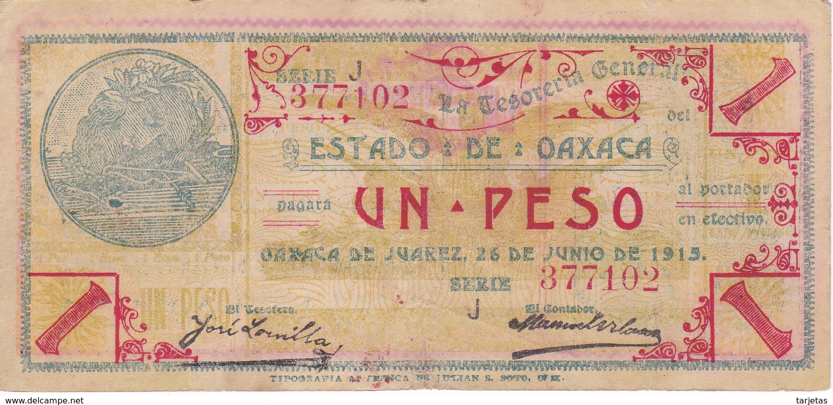 BILLETE DE MEXICO DE 1 PESO DEL ESTADO DE OAXACA DEL 26 DE JUNIO DE 1915   (BANKNOTE) RARO - México