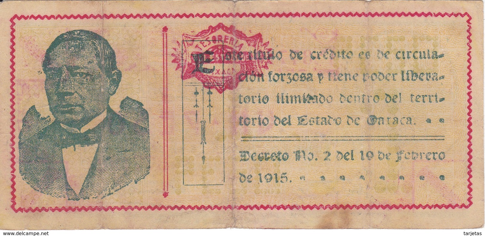 BILLETE DE MEXICO DE 1 PESO DEL ESTADO DE OAXACA DEL 26 DE JUNIO DE 1915   (BANKNOTE) RARO - Mexico