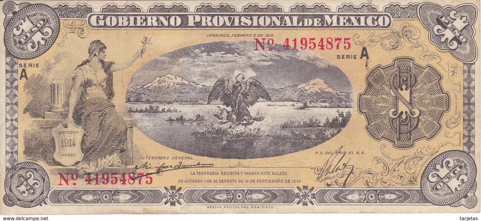 BILLETE DE MEXICO DE 1 PESO DEL AÑO 1915 CALIDAD MBC (VF)  (BANKNOTE) - México