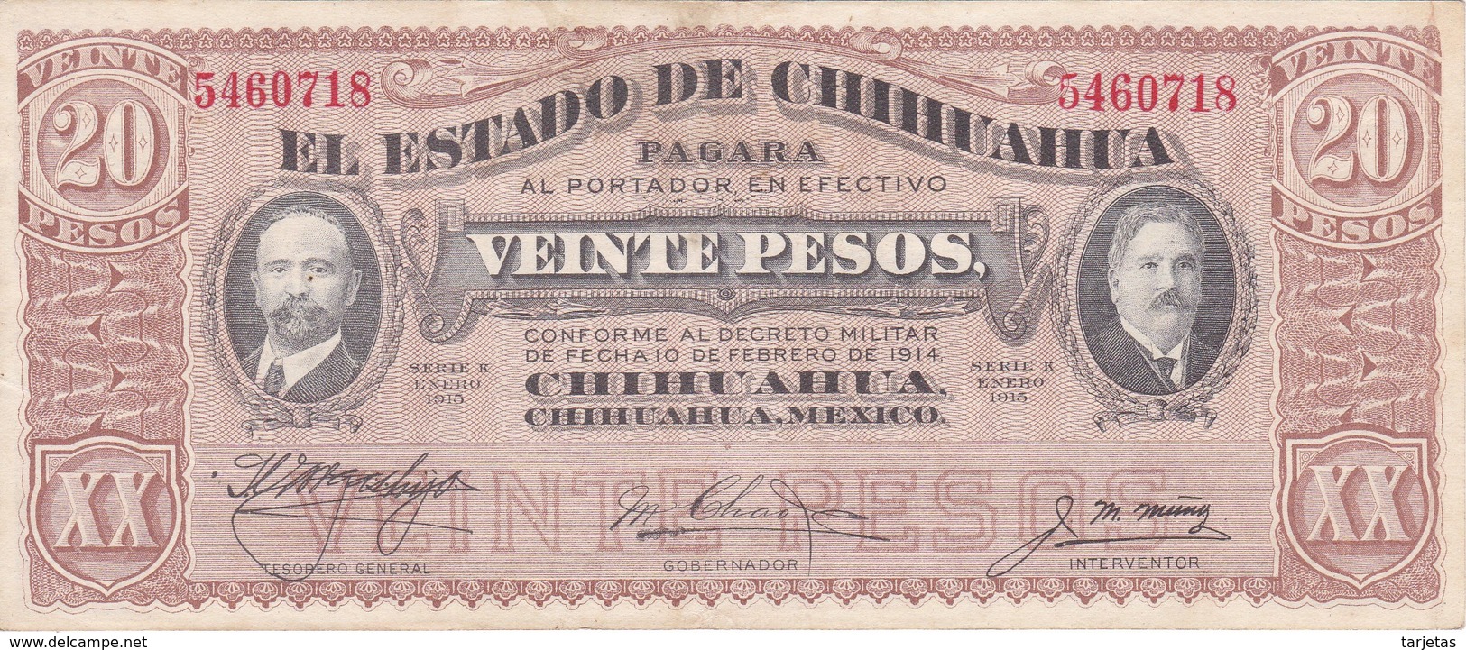 BILLETE DE MEXICO DE 20 PESOS DEL AÑO 1915 ESTADO DE CHIHUAHUA (BANKNOTE) - México