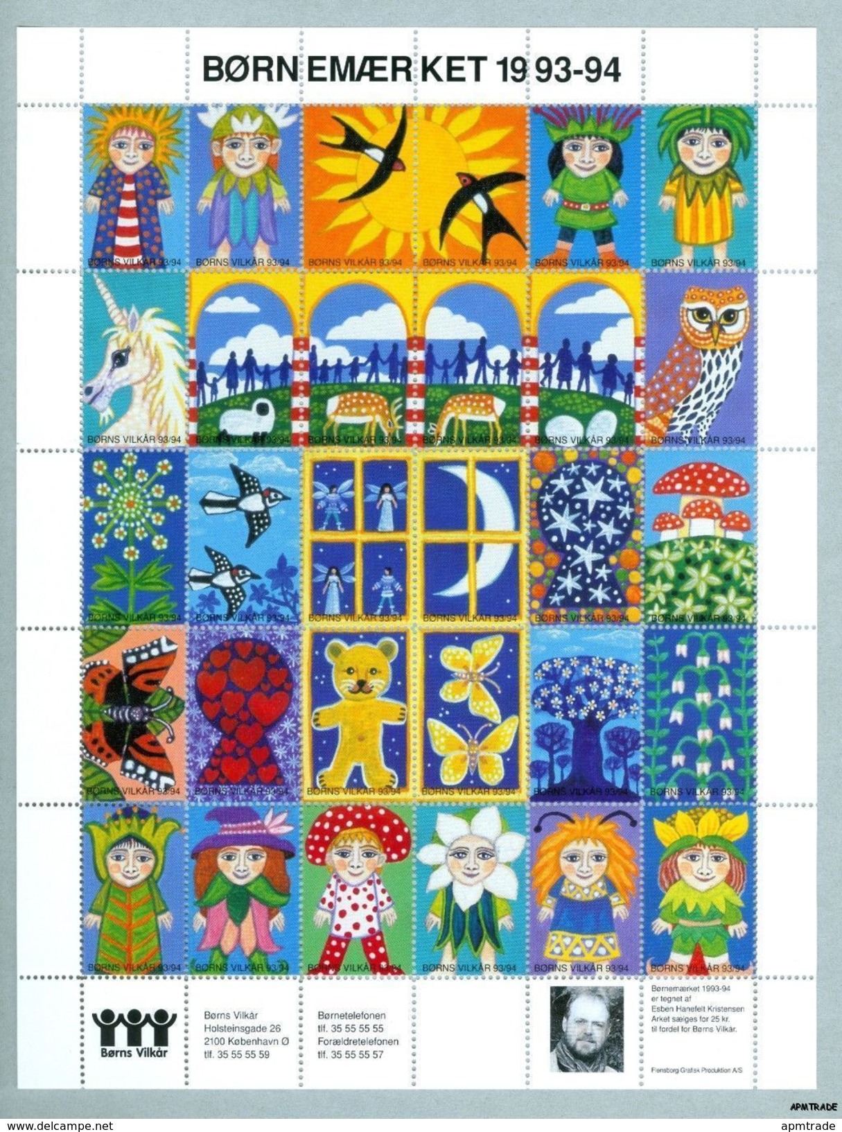 Denmark. Poster Stamp Sheet Mnh 1993-94. Borns Vilkaar. Owl,Sun,Star,Butterfly. - Feuilles Complètes Et Multiples