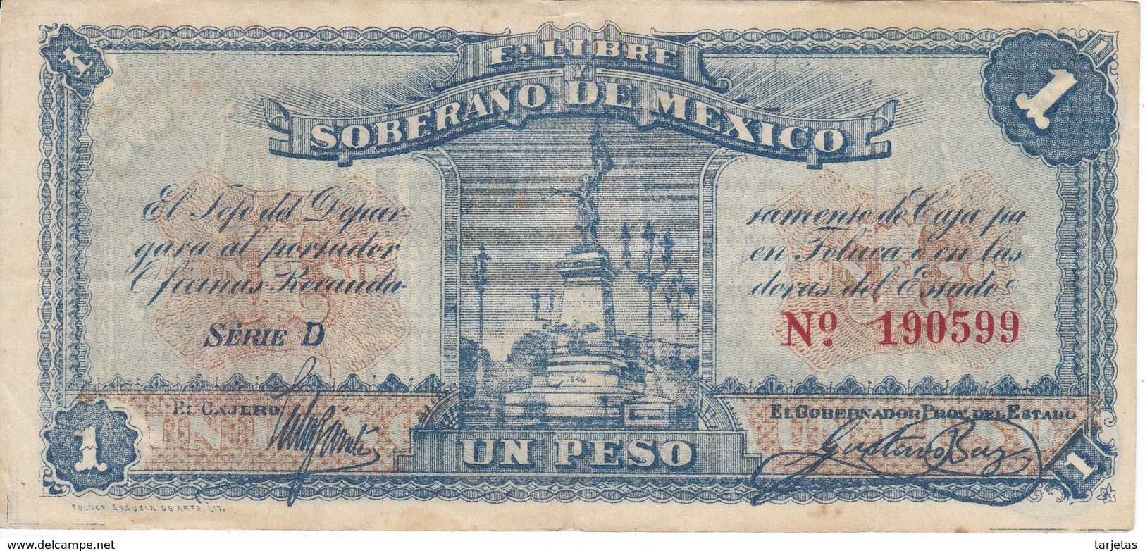 BILLETE DE MEXICO DE 1 PESO DEL LIBRE SOBERANO DEL AÑO 1915   (BANKNOTE) - Mexico