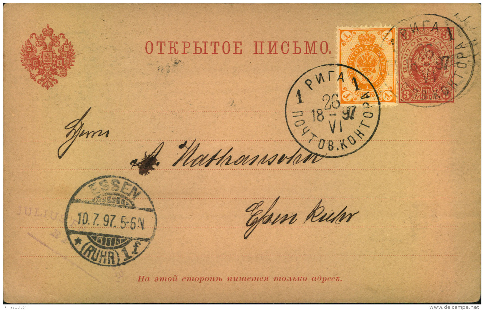 1897, Uprated 3 Kopek Stationery Card From RIGA To Essen. - Lettland