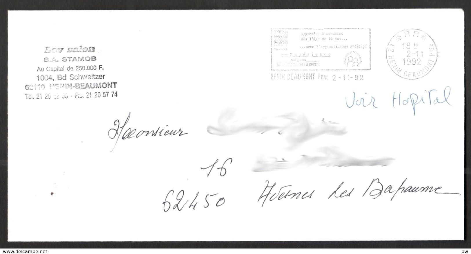 FRANCE '62 HENIN-BEAUMONT PPAL PP'  1992  1  MARQUE POSTALE - 1961-....