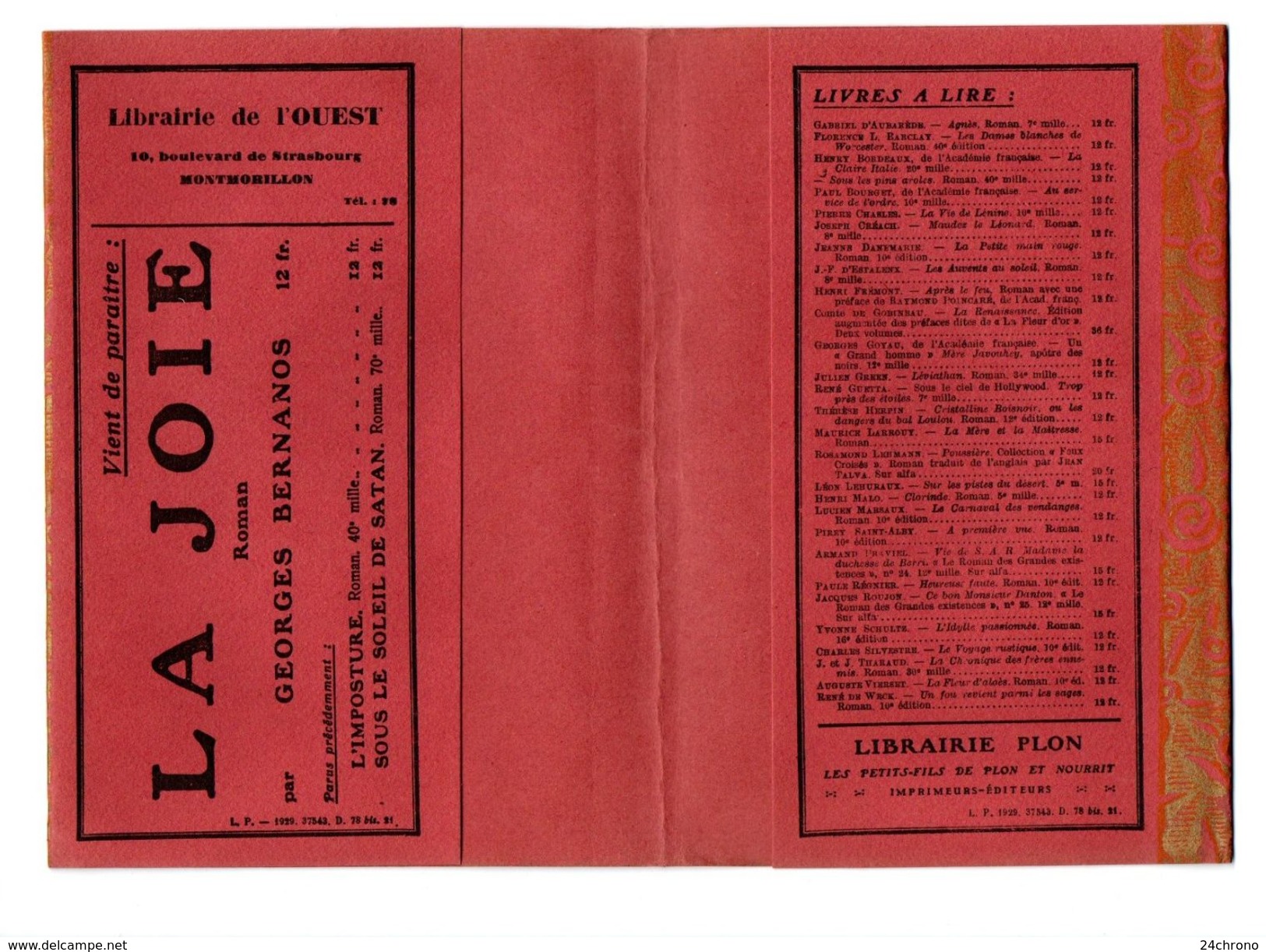 Jaquette De Livre: Librairie De L'Ouest, Montmorillon, La Joie De Georges Bernanos, 1929 (17-1832) - Otros Accesorios