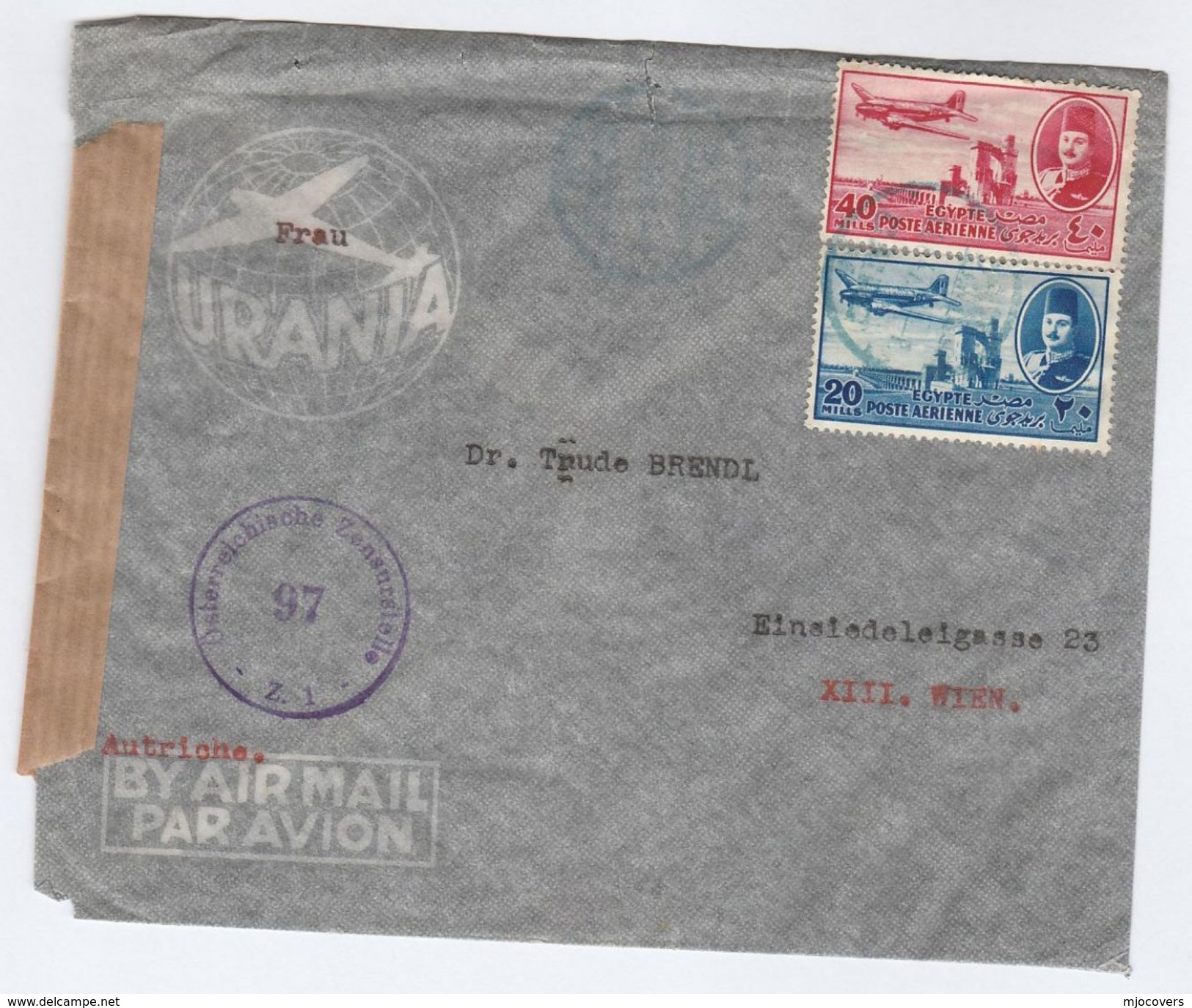 1950c Air Mail EGYPT COVER With AUSTRIA CENSOR Censored Stamps Aviation - Covers & Documents