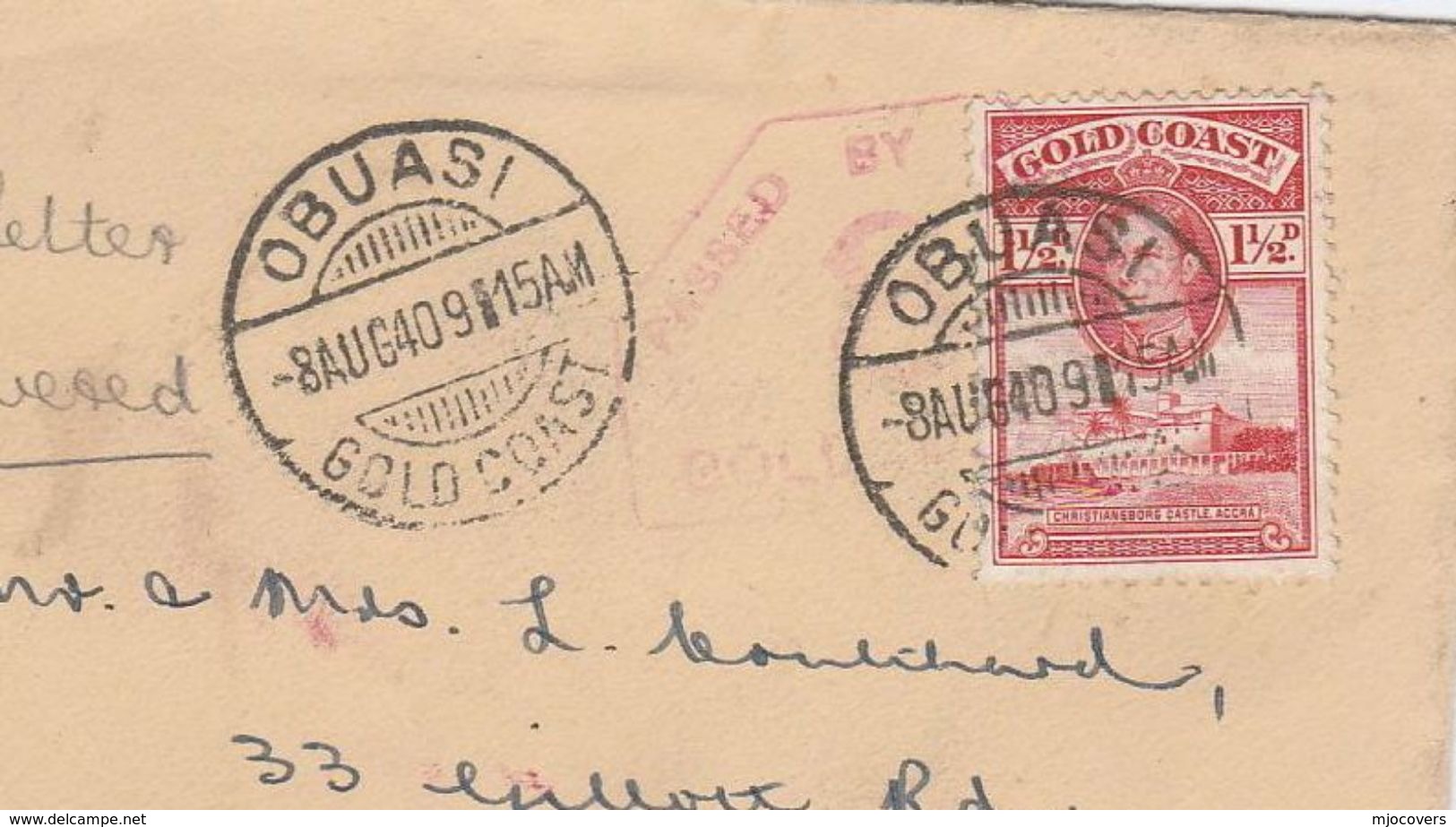 1940 GOLD COAST CENSOR Obuasi COVER 1 1/2d Christiansborg Castle Stamps To GB Censored Wwii - Gold Coast (...-1957)