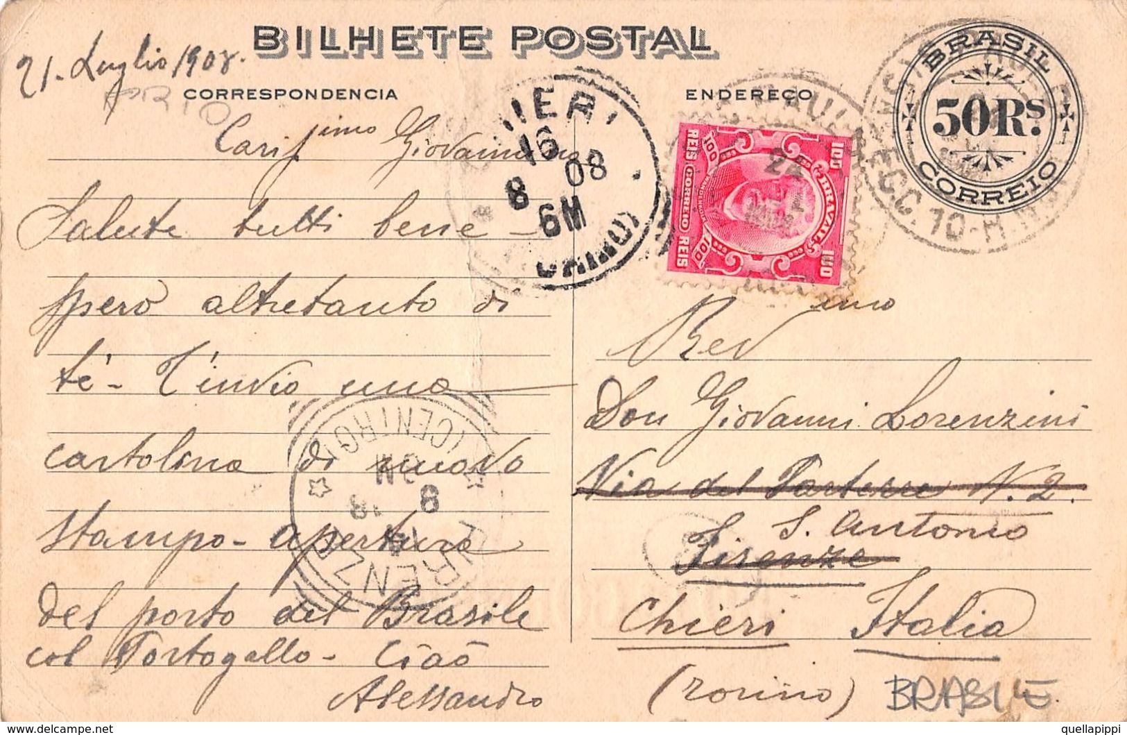 06640 "BRASILE - 50RS CORREIO - CARTA REGIA D JOAO P R ABRINDO OS PORTOS"   CART SPED 1908 - Altri