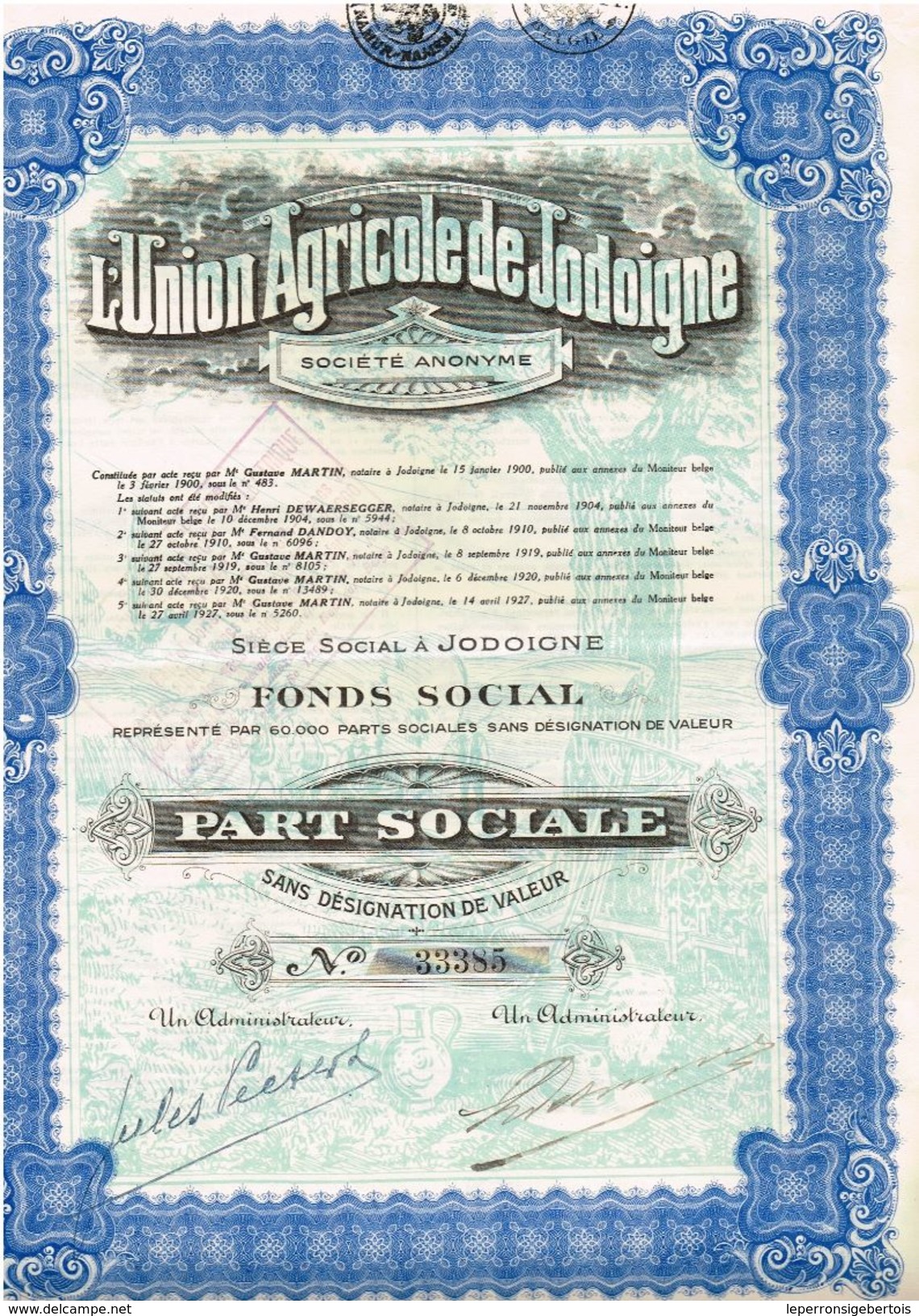 Action Ancienne - Sté Anonyme L' Union Agricole De Jodoigne -Titre De 1927 - Belgique - Agriculture