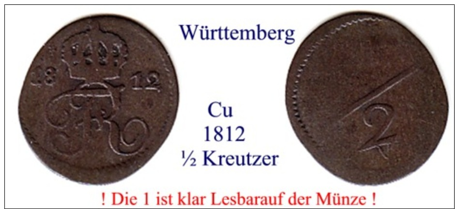 DL-1812, 1/2 Kreutzer,  Württemberg - Piccole Monete & Altre Suddivisioni